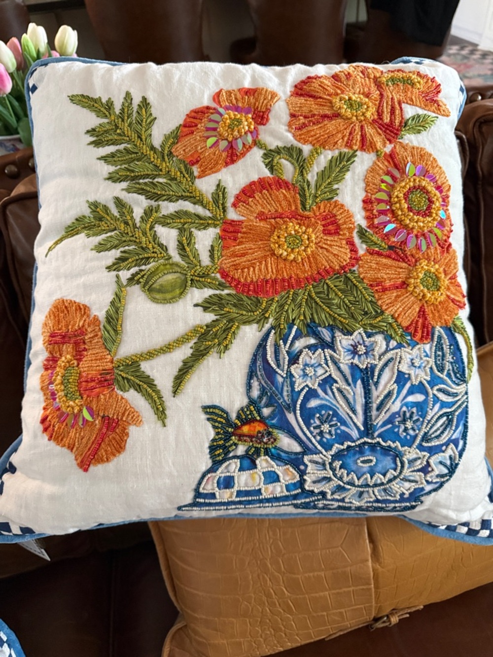 MacKenzie-Childs Blue check, Orange  Floral Embroidered beaded Pillow Pair